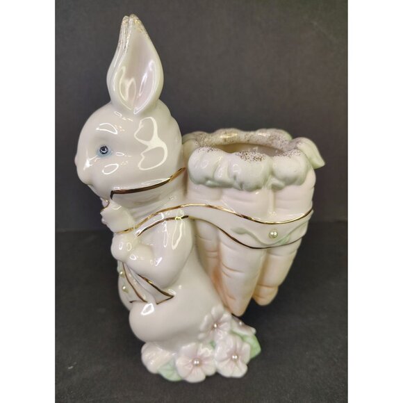 Lenox Petals and Pearls Bunny Rabbit Planter Vase, Easter Spring Carrot Bow Tie - Picture 2 of 8